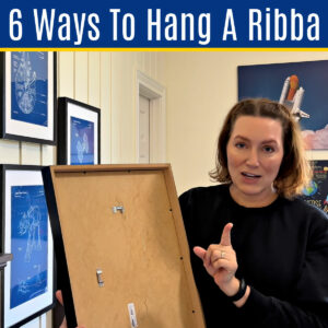 Image shows an IKEA Ribba Picture Frame with text that says "6 ways to hang a ribba". Instructions for hanging ribba frame.