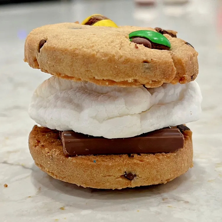 M&M cookie Smores with Hershey Bar and marshmallow.