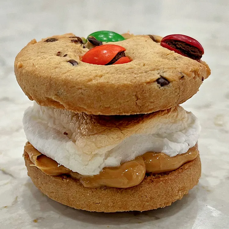 M&M Cookie Smores with Peanut Butter and Marshmallow.