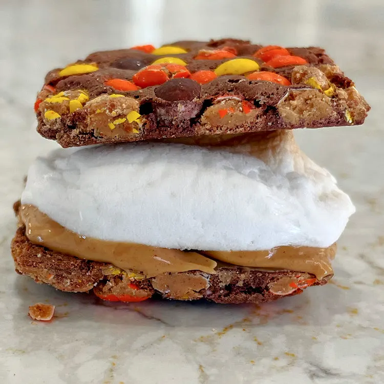 Yummy S'mores variation made with Reese's Pieces Brownie Brittle, peanut butter, marshmallow roasted in the oven.