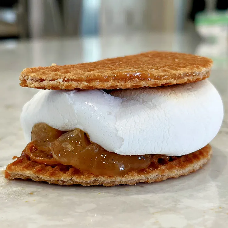 Caramel-filled Stroopwafel with Dulce De Leche, apple pie filling, and marshmallow Smores.