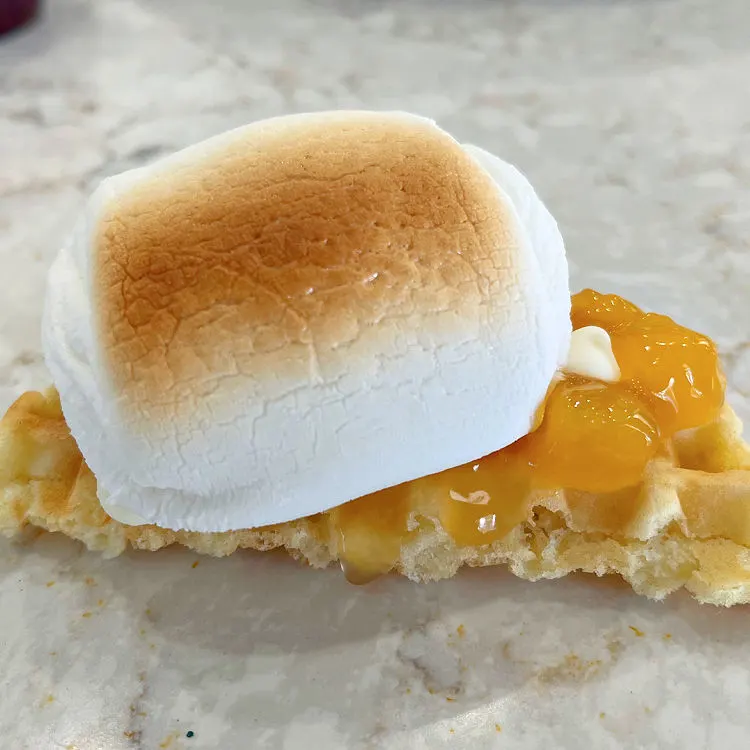 Peach Pie filling, toasted waffle, marshmallow smores.