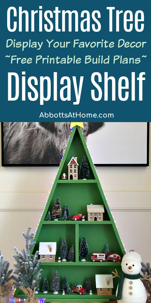 Image of a DIY Wooden Christmas Tree Shelf display for Christmas decorations, Christmas villages, Christmas collections, or Hot Cocoa Bars.