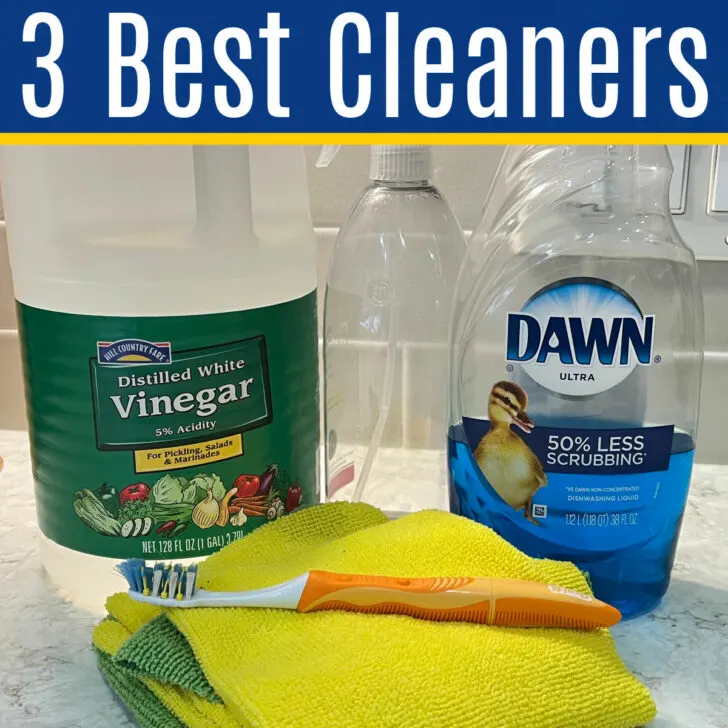 Examples of cleaners that don't damage the finish on kitchen cabinets for a post with 3 ways to clean white kitchen cabinets.