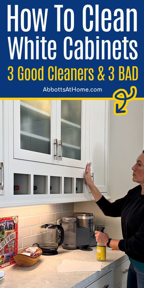 Image showing someone cleaning white cabinets for a post showing how to clean white cabinets. Best way to clean white kitchen cabinets.