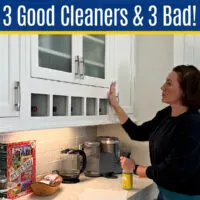 Image of someone cleaning white kitchen cabinets for a post with the best ways to keep white kitchen cabinets clean with a cabinet cleaning routine. And, 3 cleaners you can't use on kitchen cabinets.