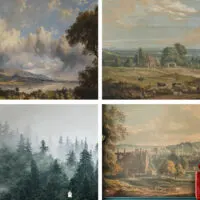 4 examples of beautiful landscape wallpaper murals - from pastoral countryside oil paintings to realistic scenic photos and art.