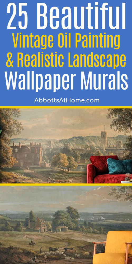 2 examples of beautiful landscape wallpaper murals - from pastoral countryside oil paintings to realistic scenic photos and art.