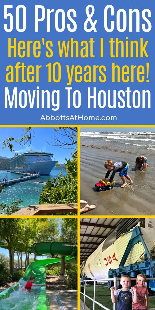 Image shows 4 examples of living in Houston Texas for a post with 50 pros and cons about moving to Houston Texas.
