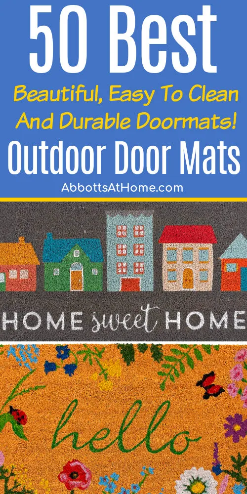 2 examples of beautiful front door mats from a list of 50 best outdoor doormats for a front door.