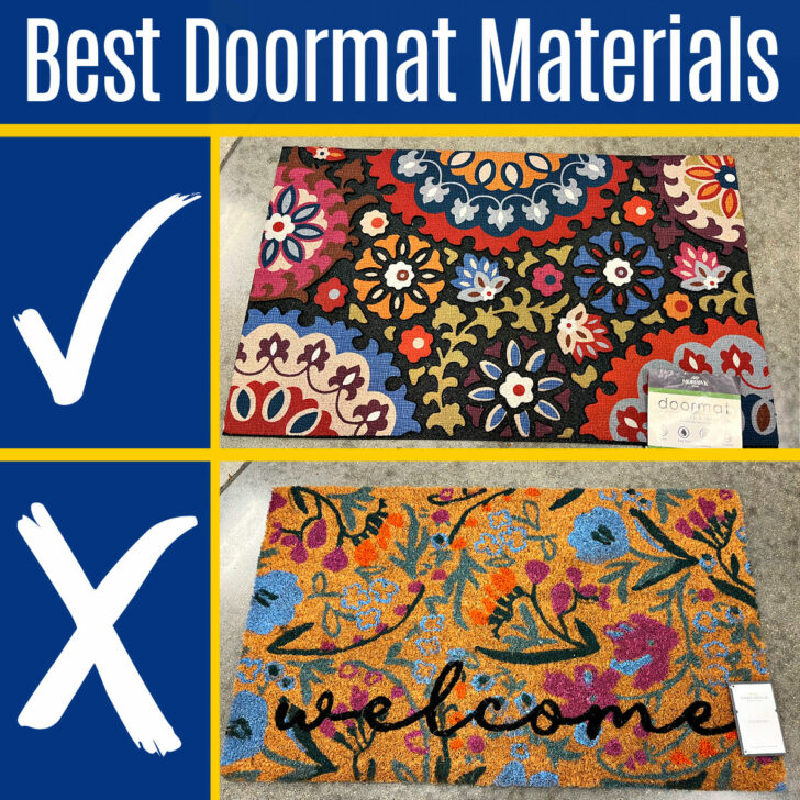 Image shows 2 examples of front door outdoor mats for a post about the Best Outdoor Mat Materials.
