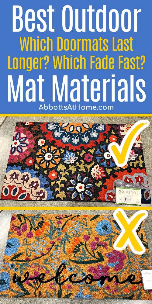 Image shows 2 examples of welcome mats outdoor mats for a post about the Best Outdoor Mat Materials.