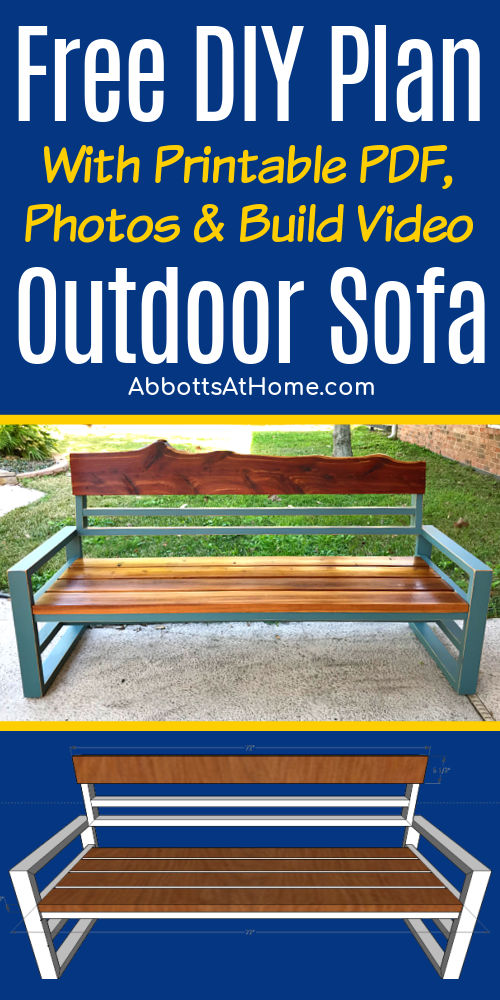 Image of a DIY Outdoor Bench with text that says Free DIY woodworking plan for an Outdoor Sofa DIY with printable PDFs.