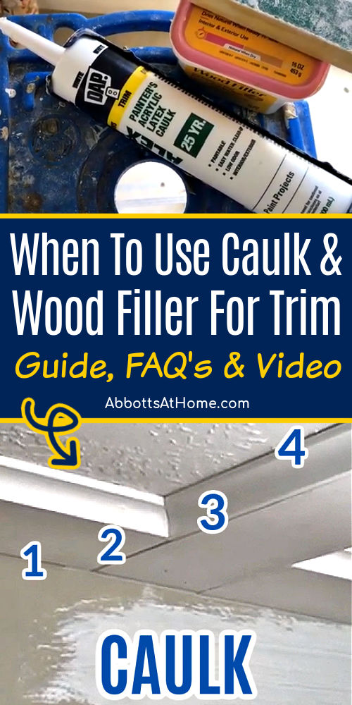 Image of caulk and wood filler on trim, baseboard and miter joints. Text says "When To Use Caulk & Wood Filler For Trim".