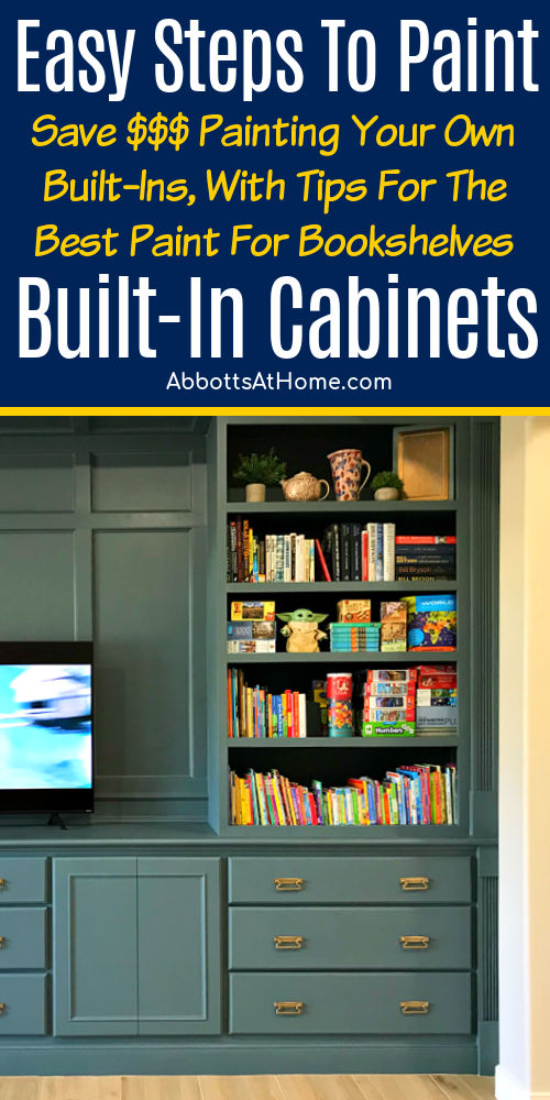 Image of built-in bookshelves for a post about how to paint built in bookshelves and cabinets and the best paint for bookshelves.