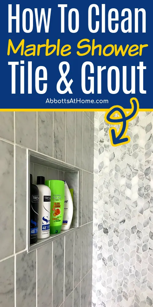 Image and text shows how to clean a marble shower tile and grout. how to clean marble shower grout. Grout cleaner safe for marble.