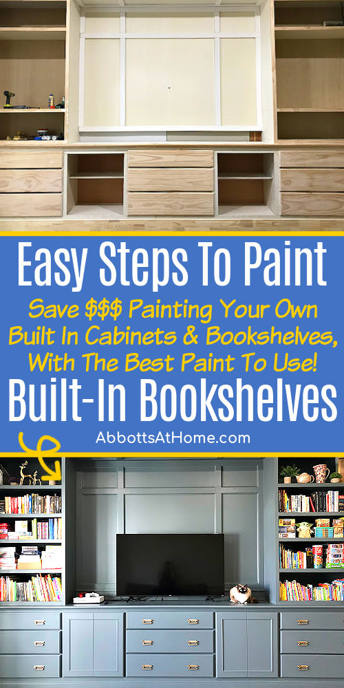Before and after image of built in bookshelves for a post about how to paint built in bookshelves and cabinets and the best paint for bookshelves.