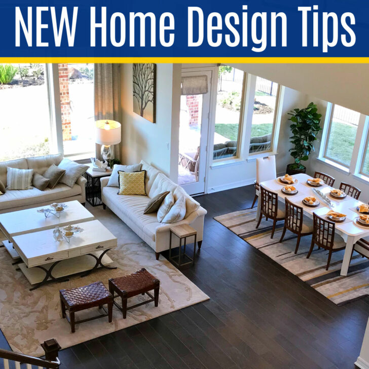 Image says "11 Helpful Interior Design Tips for new home builds." For a post about planning for building a new home.