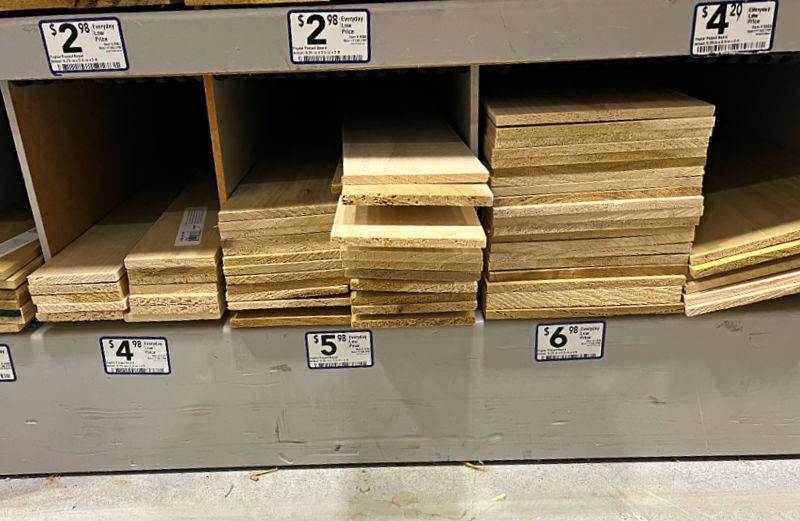 Image of Poplar wood on the shelves at Lowes.