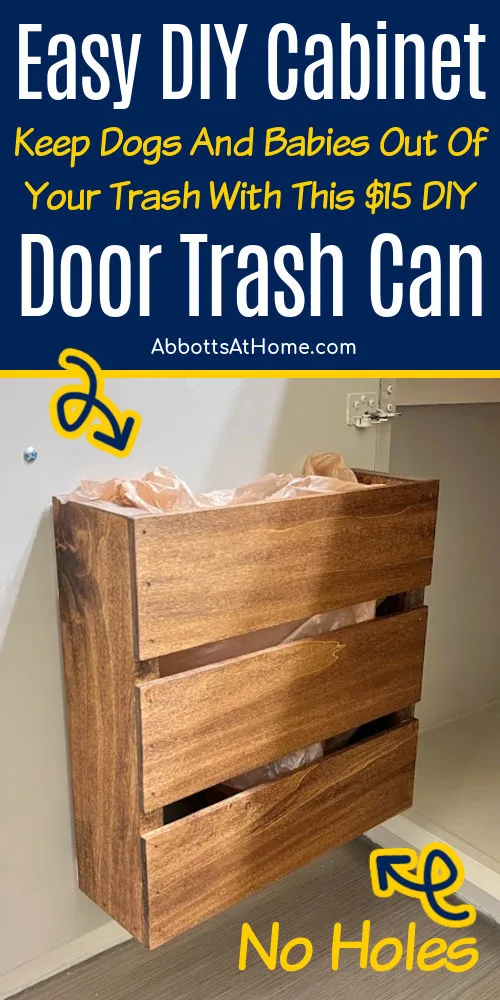 Image of a DIY Cabinet Door Trash Can for a post about how to build a trash can inside cabinet door.