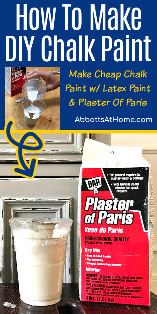 Image of latex paint, water, and Plaster of Paris being used in a recipe to make cheap chalk paint at home. For a post about how to make chalk paint with Plaster of Paris and a bunch of answers to common questions about homemade chalk paint.