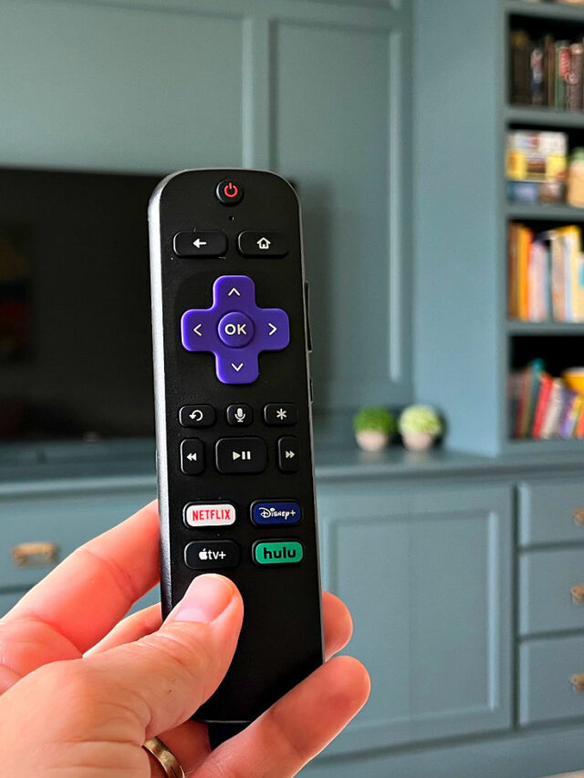 Image of a Roku remote in front of a TV for a post with the 11 Best Reasons to cut the cord with cable tv. With tips for how to ditch cable and why you should.