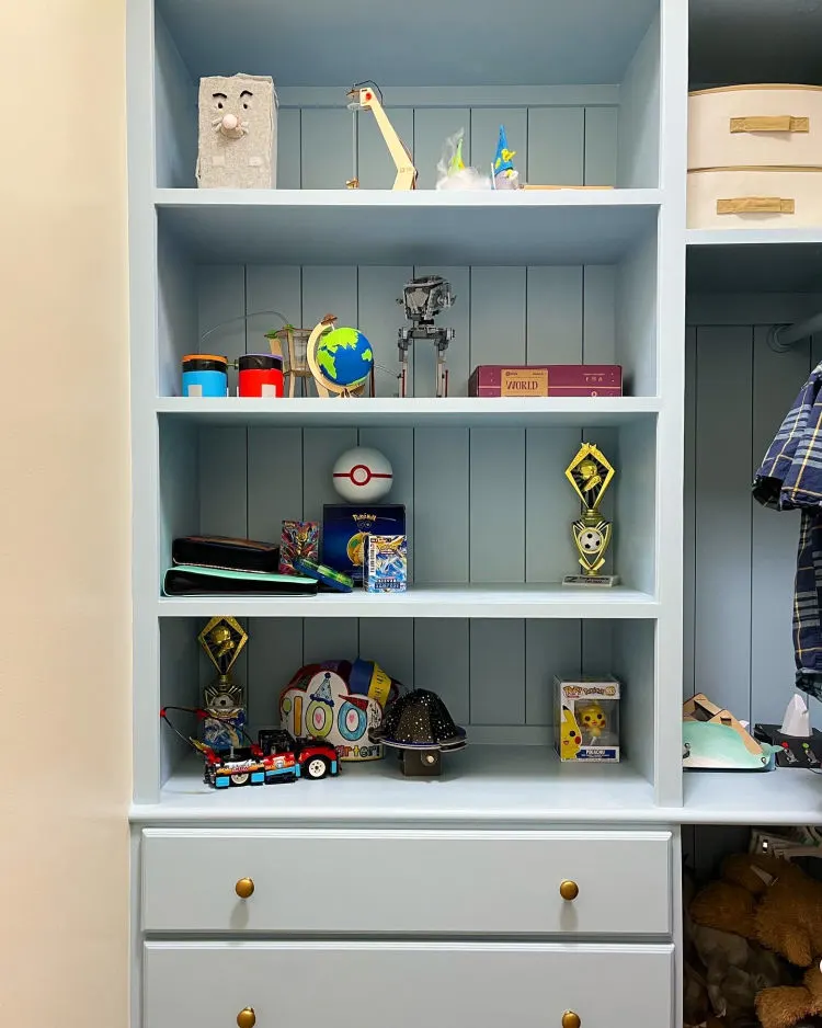 Image of a diy built in dresser in closet for a post about how to build a closet dresser and shelves for DIY small walk in closet built ins.