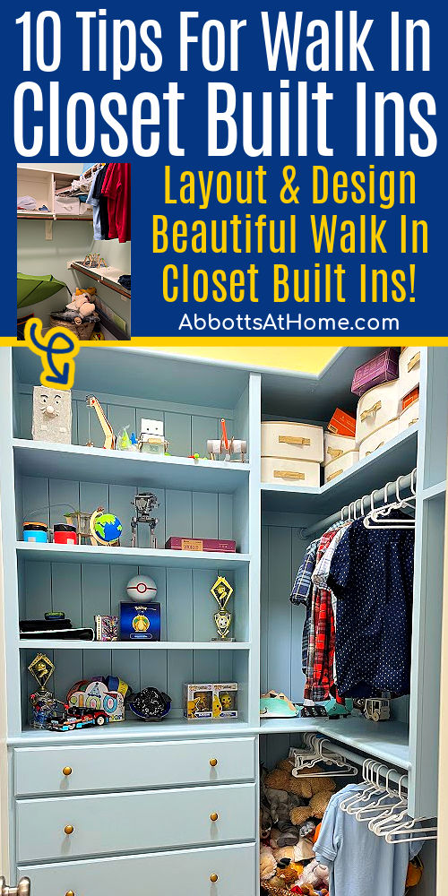 Image of Small Walk In Closet Built Ins for a post with tips for how to design a small walk in closet with a DIY closet dresser with tons of closet organization and storage.