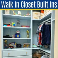 Image of Small Walk In Closet Built Ins for a post with tips for how to design a small walk in closet with a DIY closet dresser with tons of closet organization and storage.