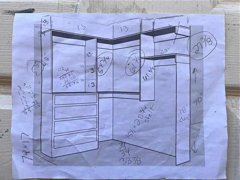 Sketchup build plans designed for a diy built in dresser in closet, shelves, and hanging storage.