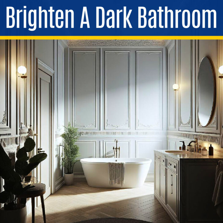 Image of a dark bathroom for a post with ways to make a dark bathroom brighter. How to brighten a dark bathroom.