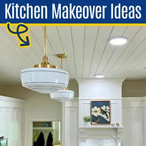Image with a large, beautiful white traditional kitchen with a shiplap ceiling and lots of trim molding. Text says 7 DIY Kitchen Makeover Ideas for a beautiful kitchen".