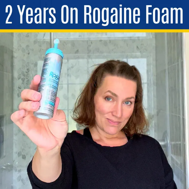 Image of a woman holding 5% Minoxidil Rogaine Foam for a post about Minoxidil Hair Growth Results after 2 years.