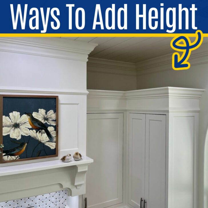 Image with kitchen cabinets with crown moulding for a post with 10 ways to make short cabinets look tall. Ways to Add Height To Kitchen Cabinets.