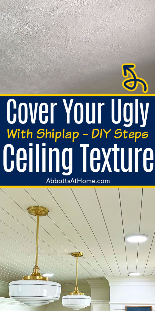 Image of shiplap on a ceiling for a post about how to cover a textured ceiling with shiplap.