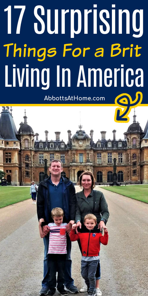Image of a family in front of an English Manor for a post with 17 surprising things for a Brit living in America, British living in USA.