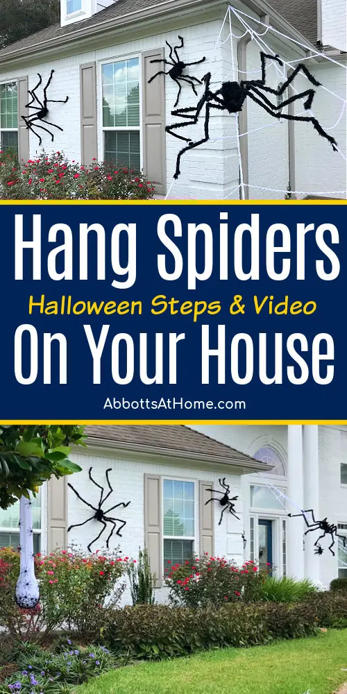 Image of giant spiders on a brick house for a post about how to hang spiders on house outdoors (brick, stucco, siding, and more). How to attach giant spider web to house.