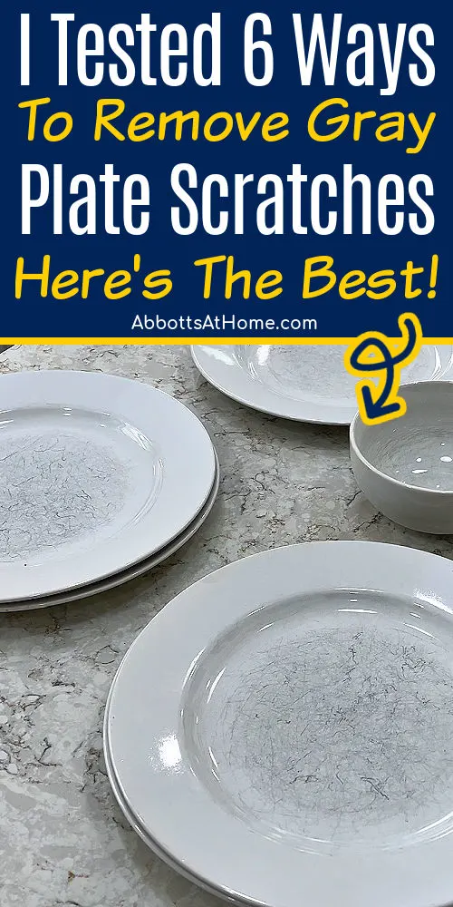 Image of gray silverware plate scratches for a post with ways to clean and remove scratches on plates and dishes.