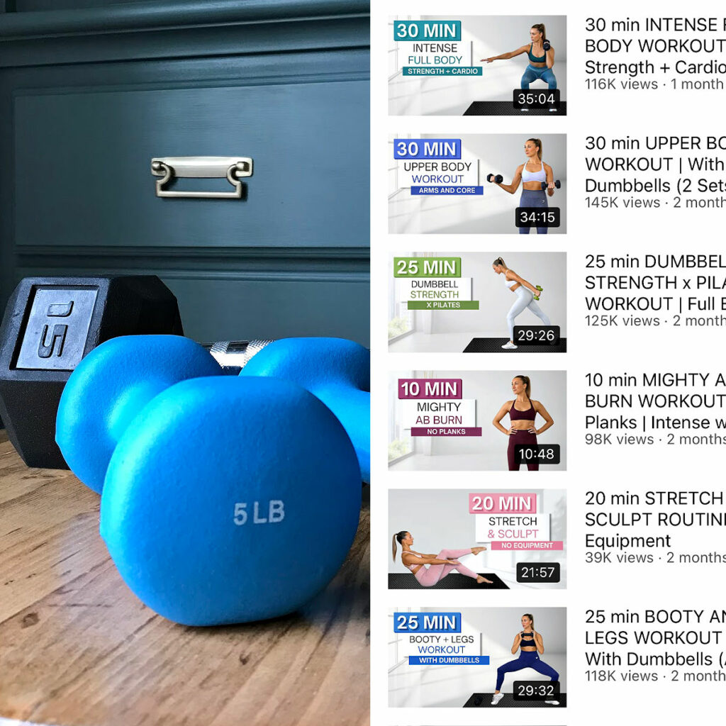 Image of free weights and youtube workout videos for a post about ways to feel younger in your 40s for women.