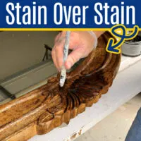 Image shows someone using gel stain over stain without sanding for a post about 