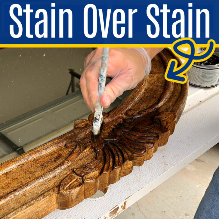 Image shows someone using gel stain over stain without sanding for a post about "Can I stain over stain?" With tips to change stain color without sanding.