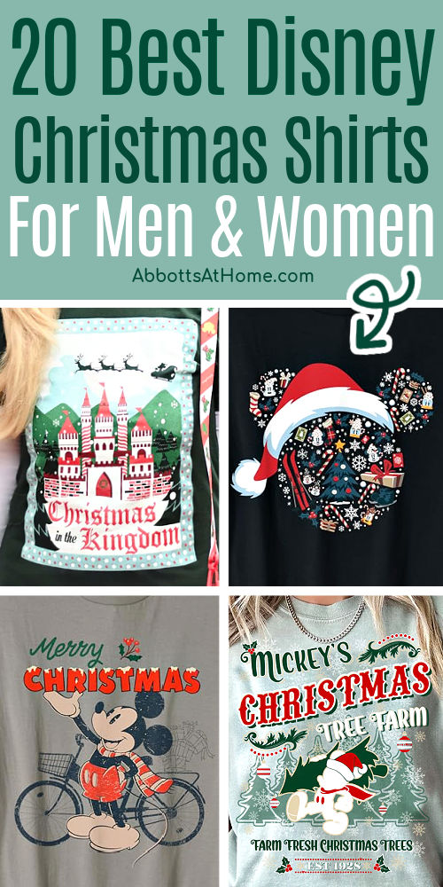 Image of 4 examples of the Best Winter themed and Christmas Disney T-Shirts for Adults - Men and Women. Best Disney Christmas t-shirts for women and men.