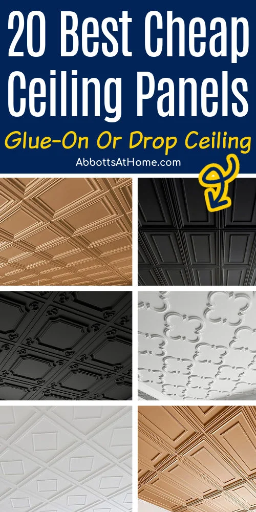 Image shows examples of inexpensive ceiling covering ideas. Ceiling coverings for a drop ceiling grid and glue-on ceiling panels or ceiling tiles. Low budget ceiling ideas.