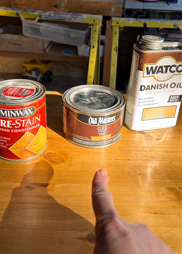 Pine with wood conditioner, Provincial Gel Stain, and Natural Danish Oil.