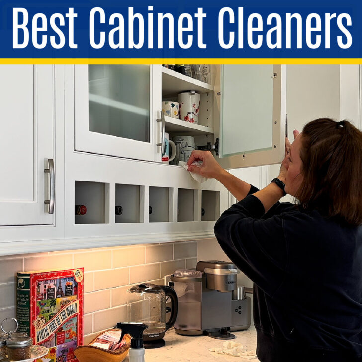 Image of someone cleaning kitchen cabinets. Text says How to clean kitchen cabinets. With the best way to clean kitchen cabinets and 3 bad cabinet cleaners.