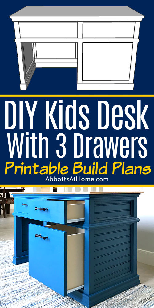 Image of a DIY Kids Desk with storage drawers. With printable build plans for a DIY Childrens Desk with storage drawers.