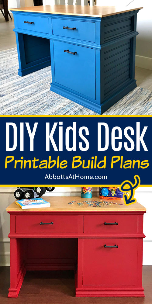 Image of a DIY Kids Desk with storage drawers. With printable build plans for a DIY Childrens Desk with storage drawers.