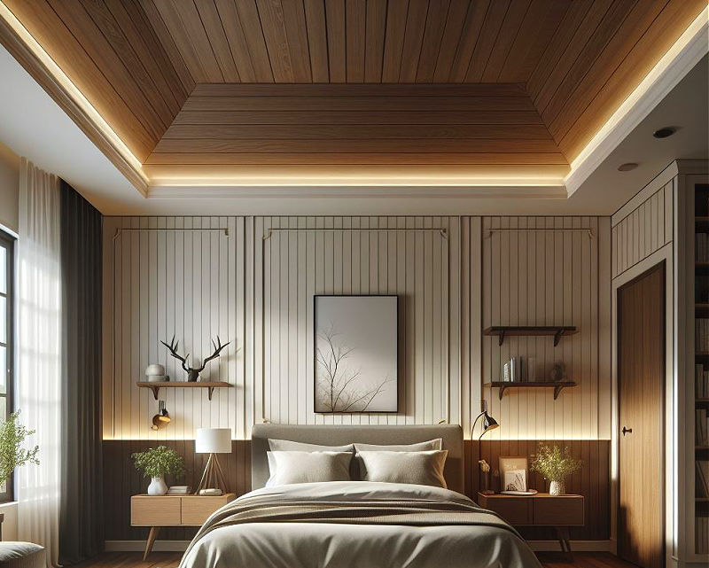tray ceiling master bedroom design idea - vaulted ceiling trim idea.