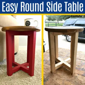 Image of a Cheap & Easy $20 DIY Round Side Table that works as DIY Stool Seating too. Great for dorms & apartments. Adjustable height for kids & adults. Easy woodworking project build plans.